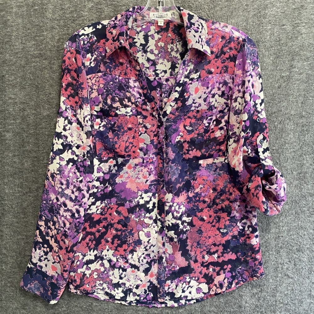 Express Floral Abstract Button-Up Blouse in Purple, Pink & White